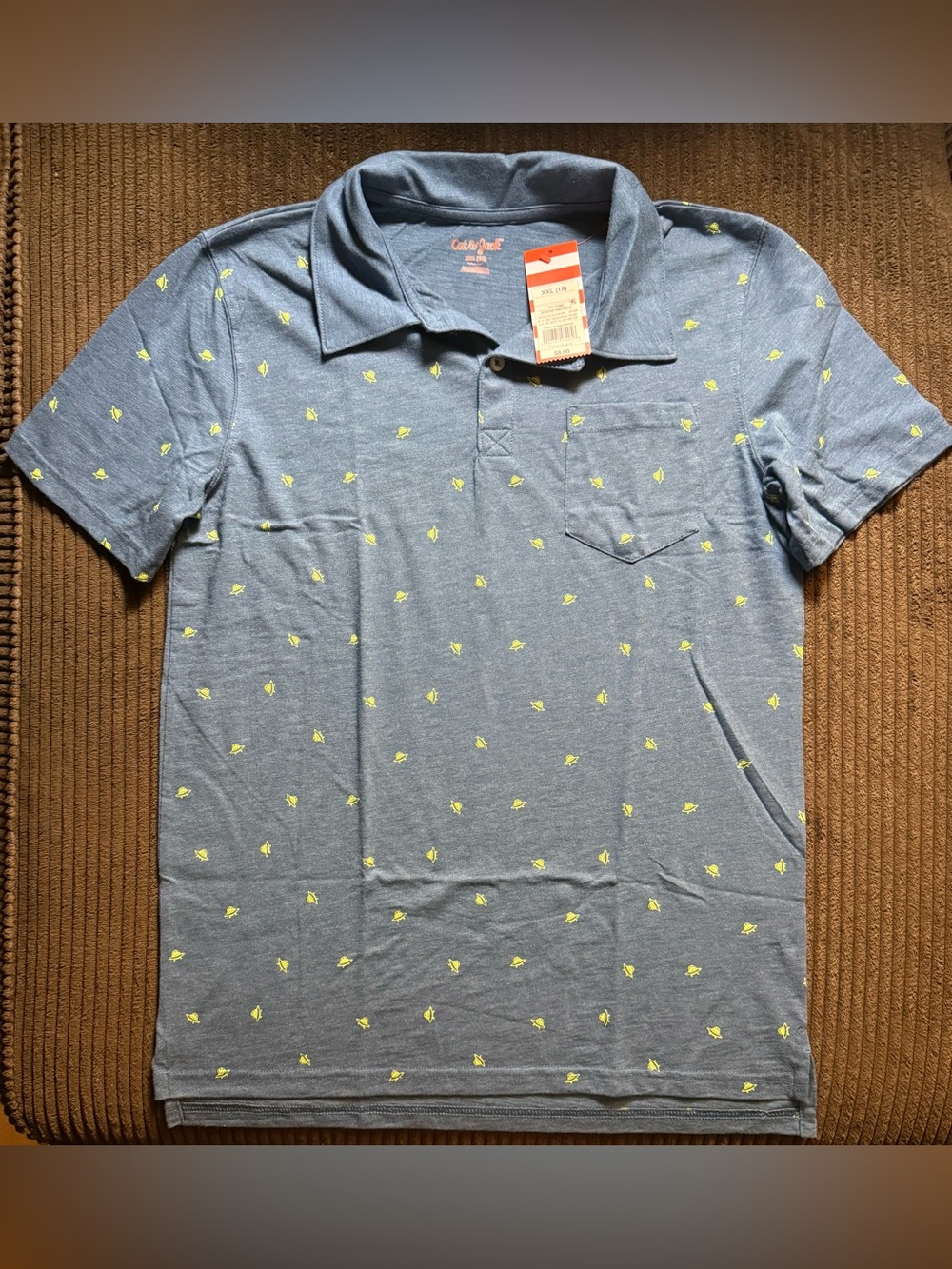 NWT Cat & Jack Boys' Blue Polo with Neon Yellow Micro UFO Print